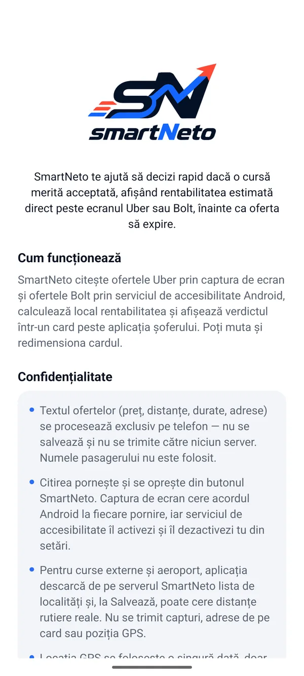 Ecranul de bun venit SmartNeto pe Android