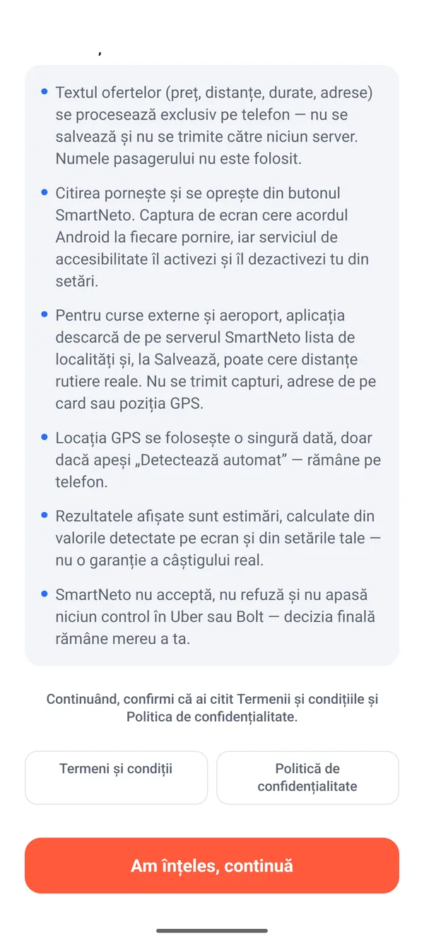 Butonul Am înțeles, continuă din prezentarea SmartNeto pe Android