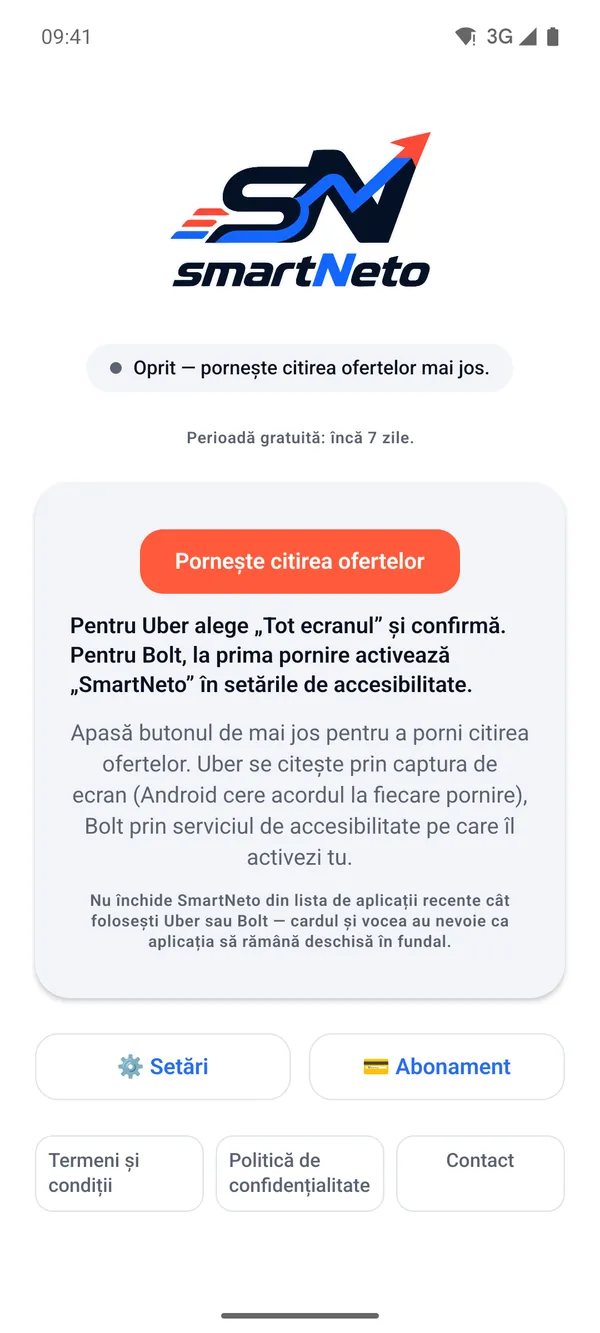 Ecranul principal SmartNeto pe Android cu butonul Pornește citirea ofertelor
