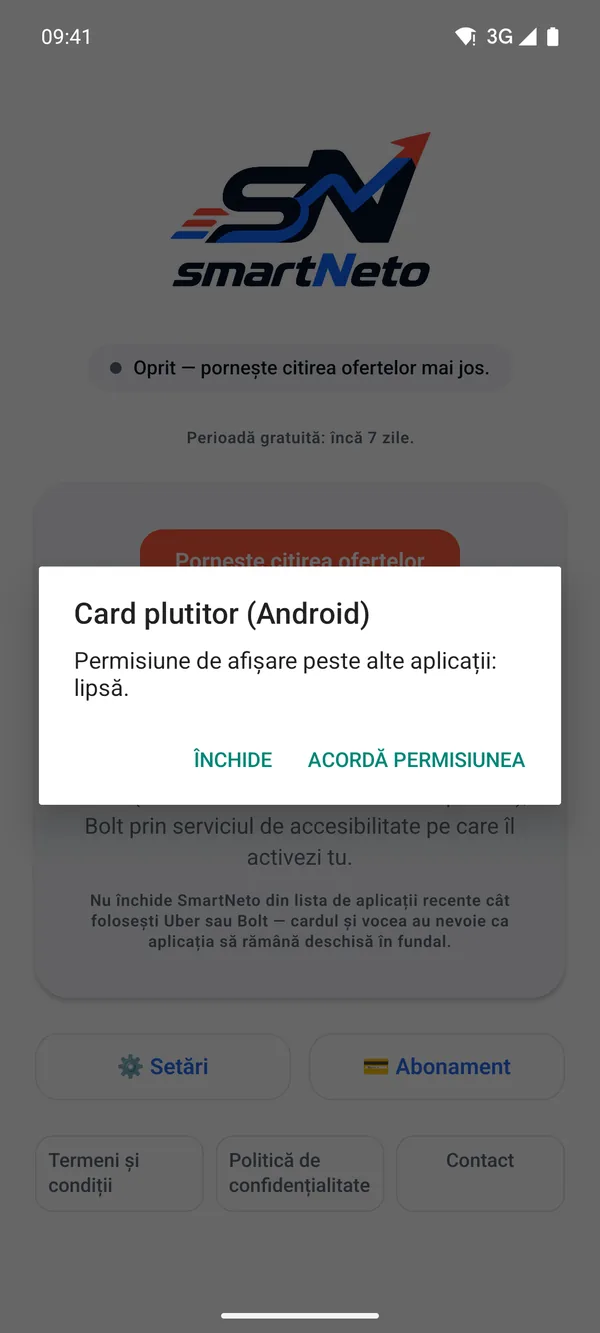 Mesajul SmartNeto care cere permisiunea de afișare peste alte aplicații
