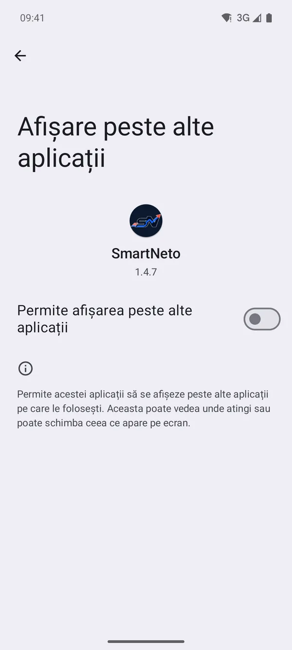Comutatorul Permite afișarea peste alte aplicații, oprit