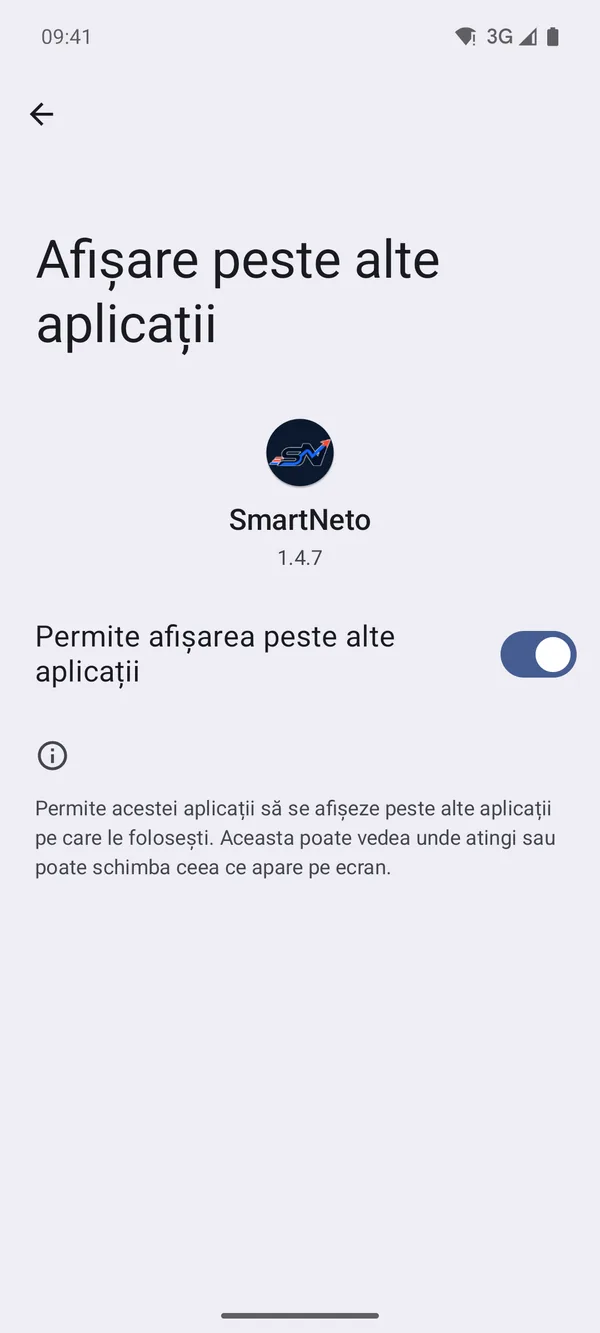 Comutatorul Permite afișarea peste alte aplicații, pornit pentru SmartNeto