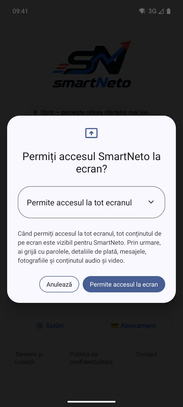 Dialogul Android Permiți accesul SmartNeto la ecran