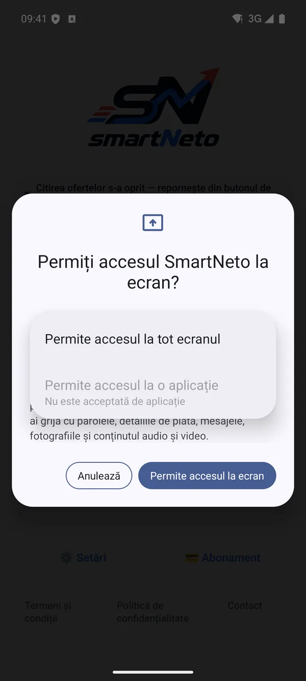 Alegerea Permite accesul la tot ecranul în dialogul Android