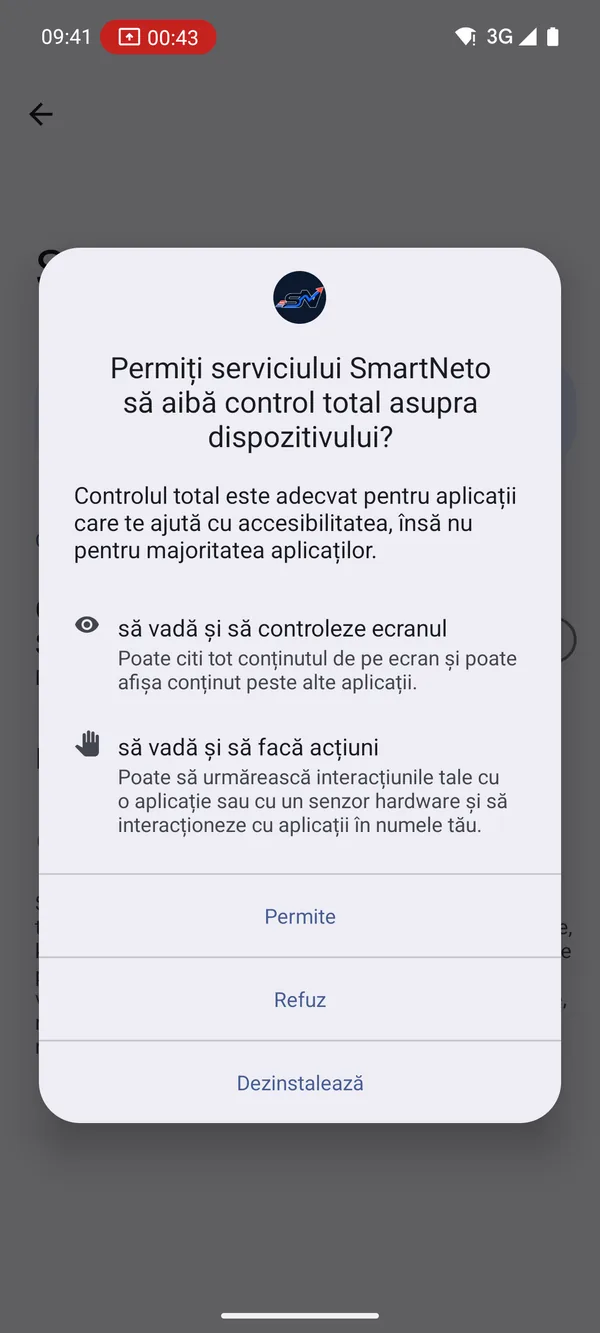 Dialogul Android care cere control total pentru serviciul SmartNeto
