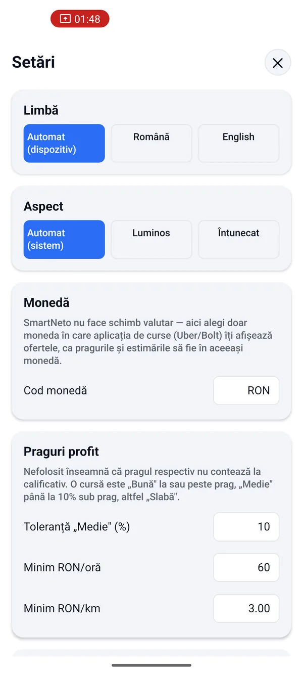 Setările SmartNeto pe Android: limbă, aspect, monedă