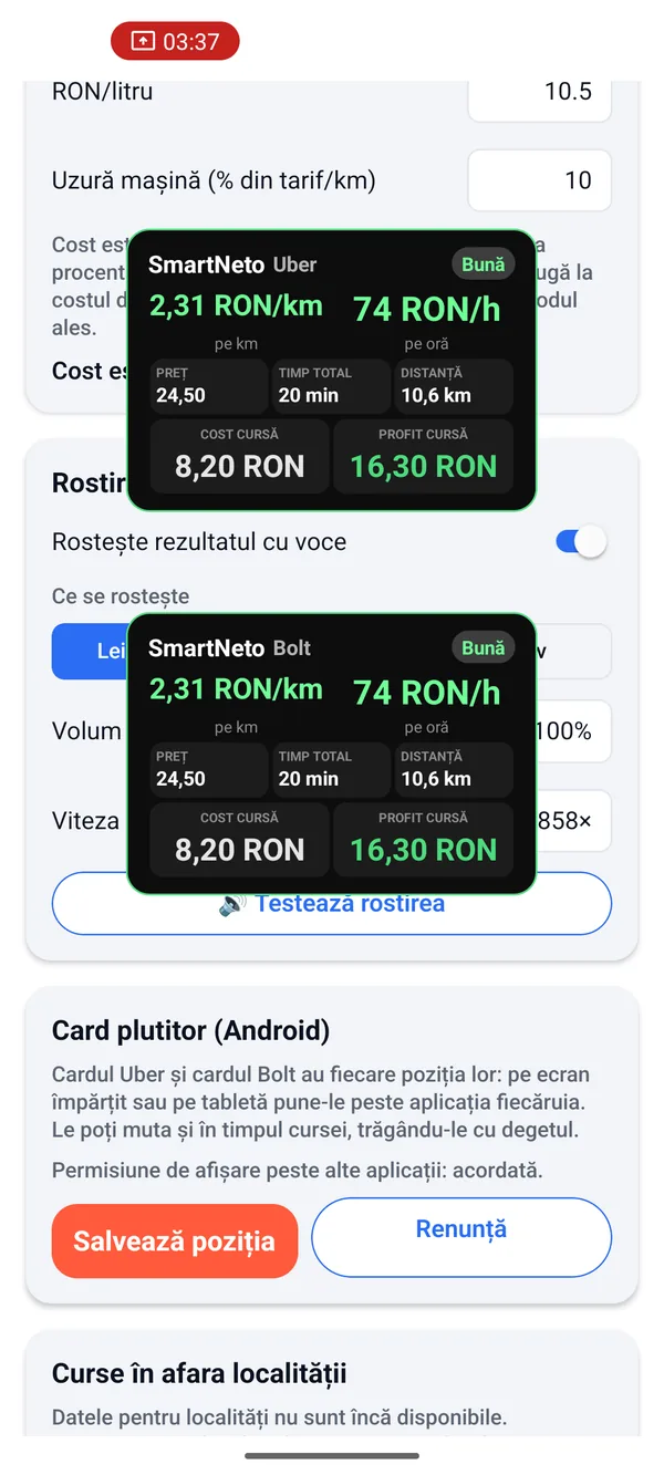 Aranjarea cardurilor plutitoare Uber și Bolt în SmartNeto