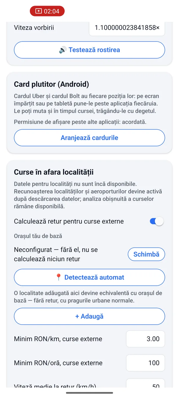 Setările SmartNeto pentru curse în afara localității pe Android