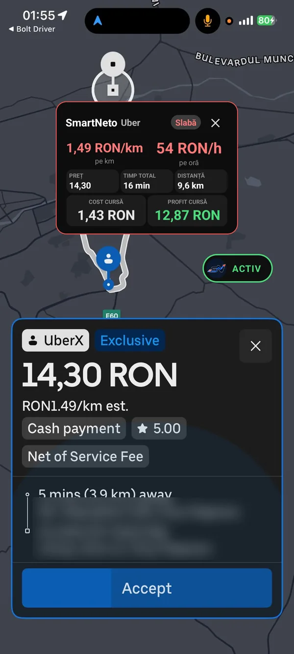 Cardul SmartNeto peste o ofertă UberX din Cluj-Napoca, cu verdictul Slabă