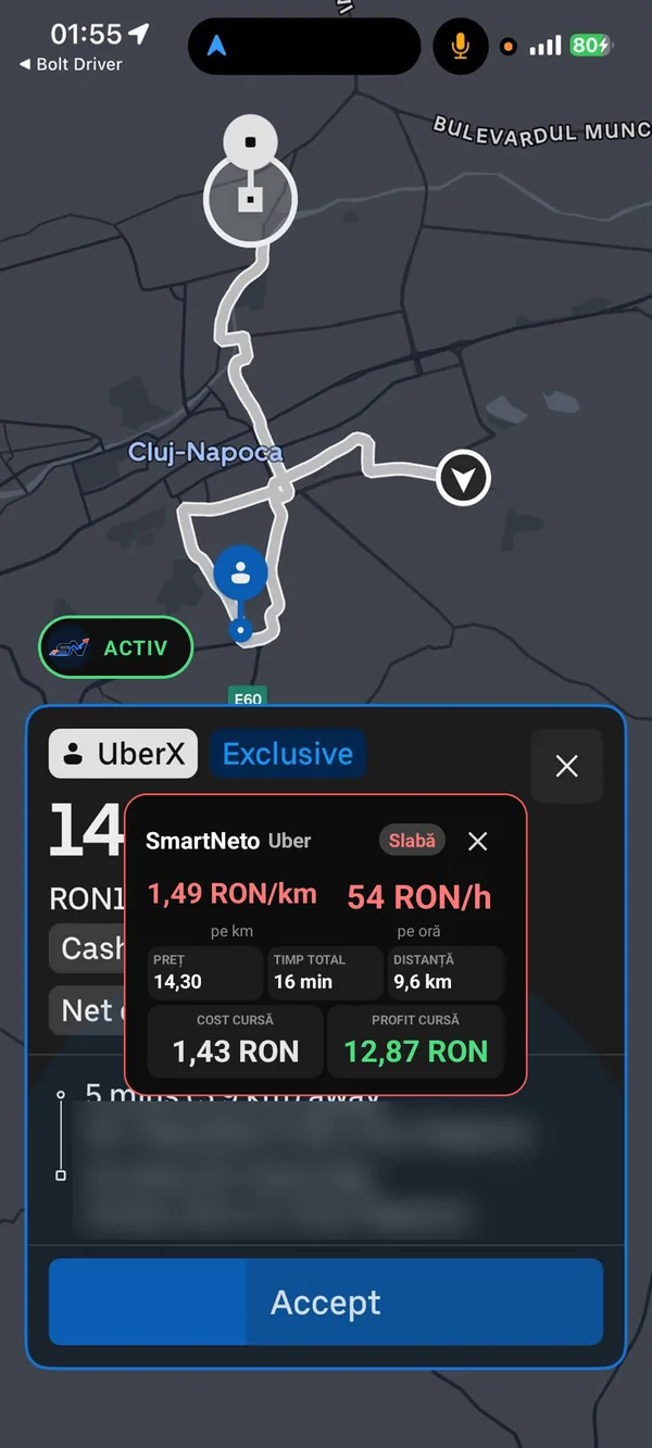Greșit: cardul SmartNeto așezat peste prețul ofertei Uber
