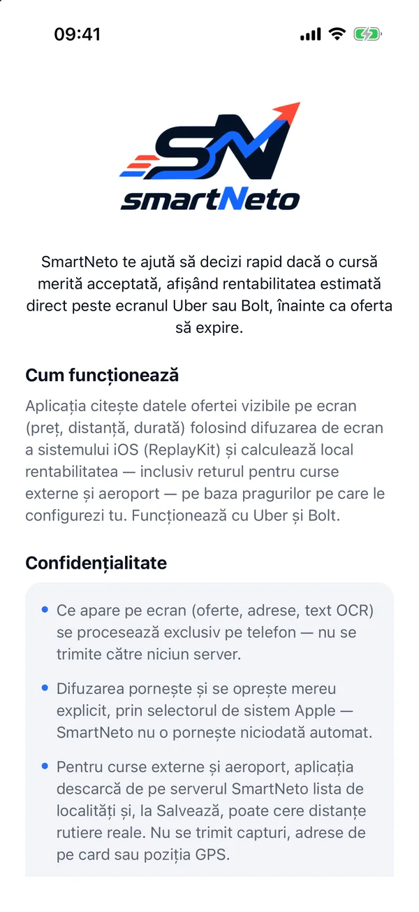 Ecranul de prezentare SmartNeto pe iPhone, partea de sus