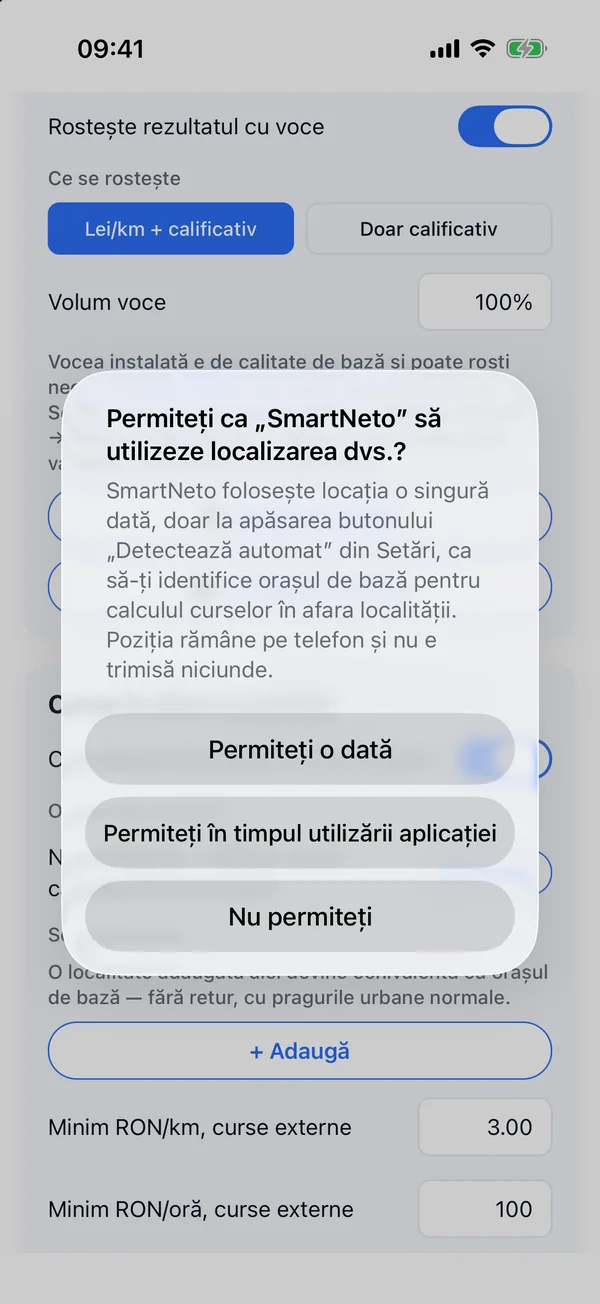 Dialogul iPhone care cere permisiunea de localizare pentru SmartNeto