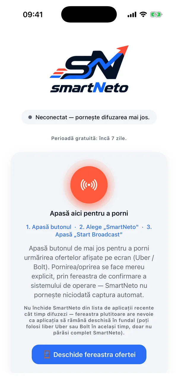 Ecranul principal SmartNeto cu butonul portocaliu și perioada gratuită