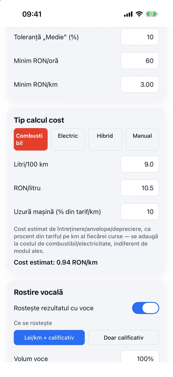 Setarea costului mașinii pe combustibil