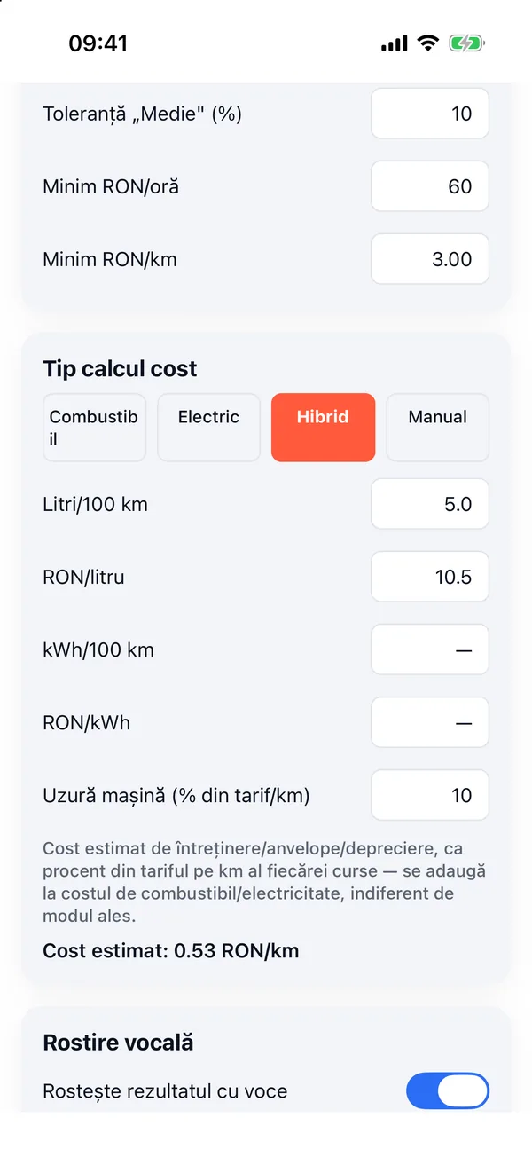 Setarea costului mașinii hibride