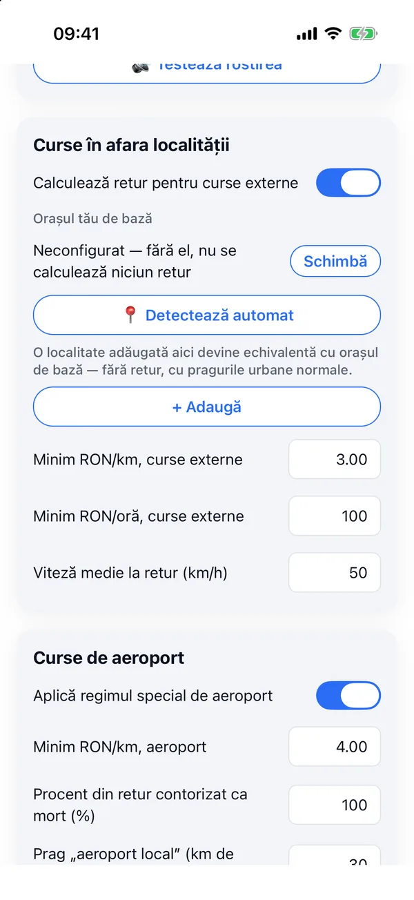 Setările pentru curse în afara localității