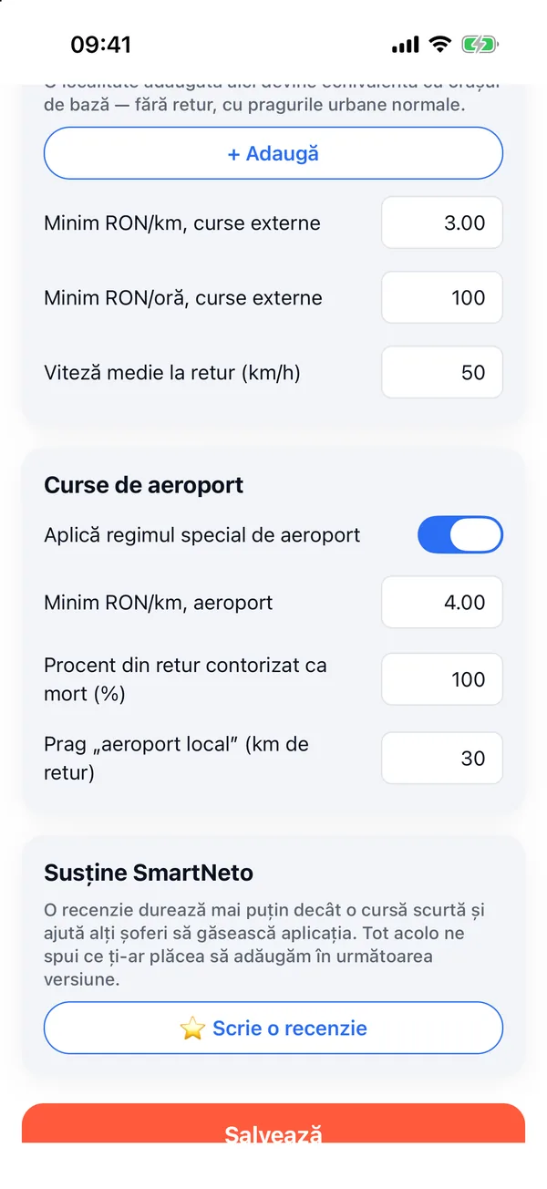 Setările pentru curse de aeroport