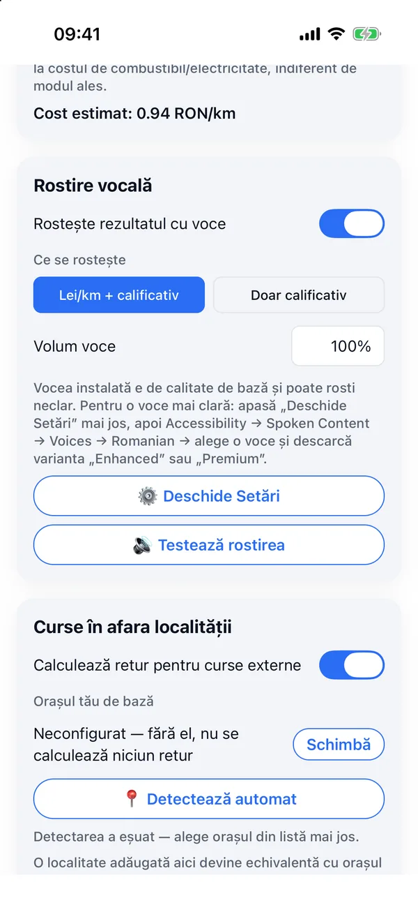 Setările pentru rostirea vocală