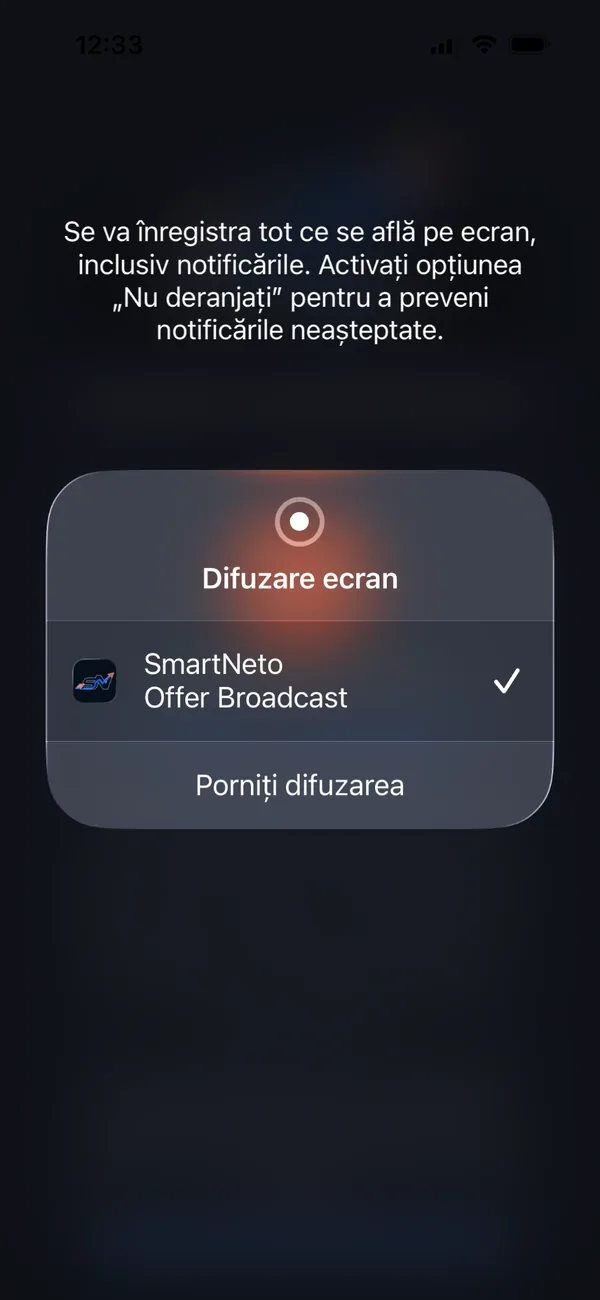 Fereastra iPhone Difuzare ecran cu SmartNeto Offer Broadcast bifat și butonul Porniți difuzarea
