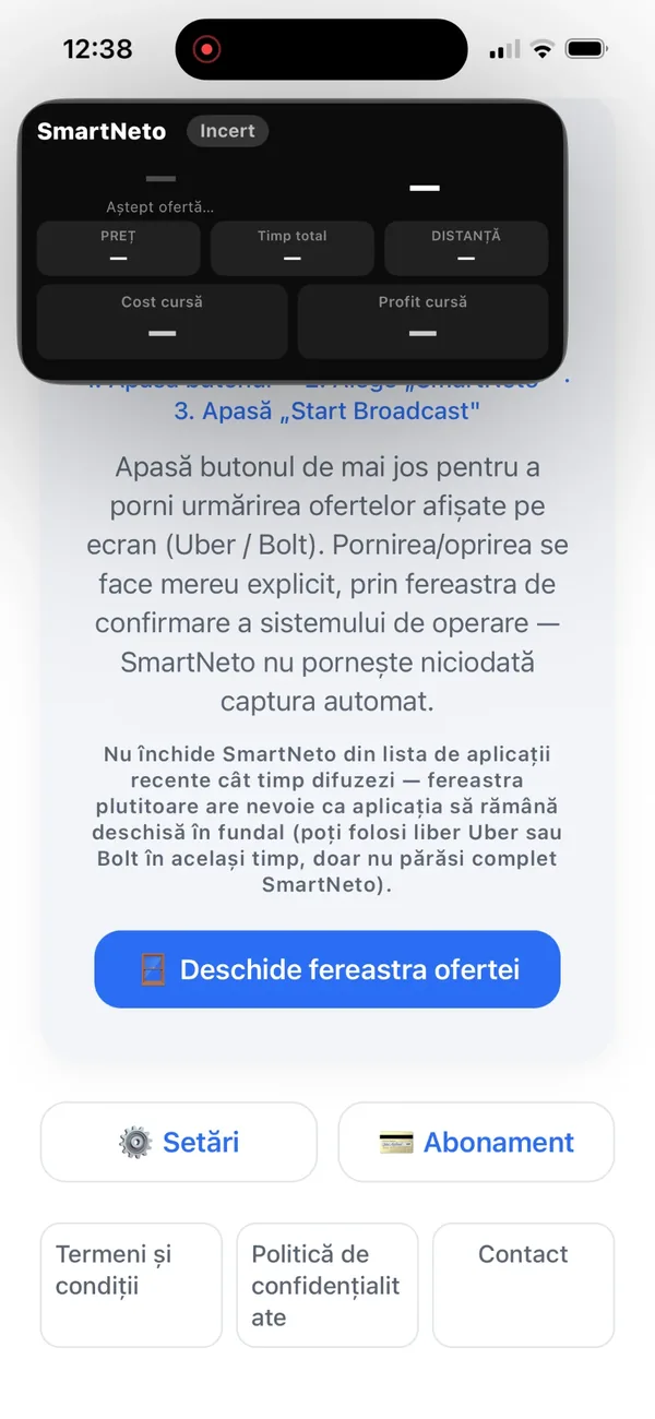 Fereastra plutitoare SmartNeto care așteaptă o ofertă Uber sau Bolt
