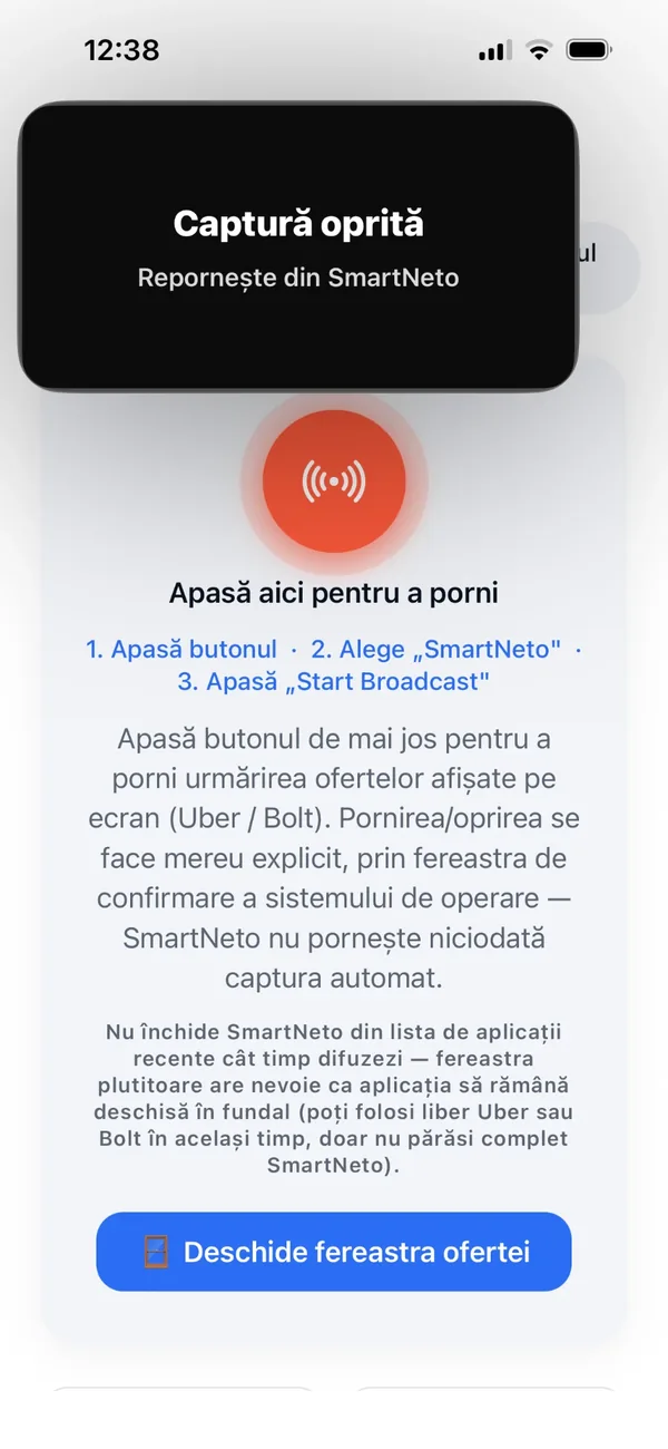 Fereastra SmartNeto cu mesajul Captură oprită după oprirea difuzării